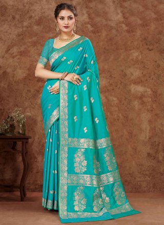 Weaving Work Silk Trendy Saree In Turquoise for Ceremonial