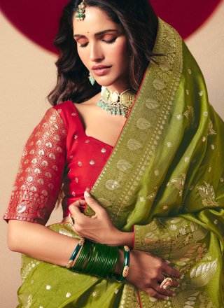 Weaving Work Viscose Classic Saree In Red for Ceremonial
