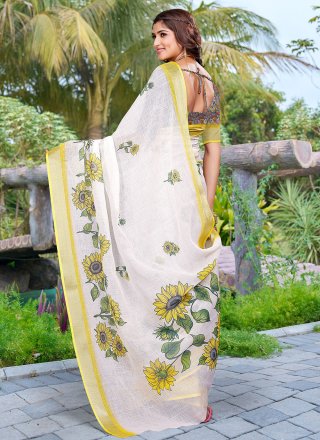 White and Yellow Cotton Trendy Saree with Digital Print Work for Casual