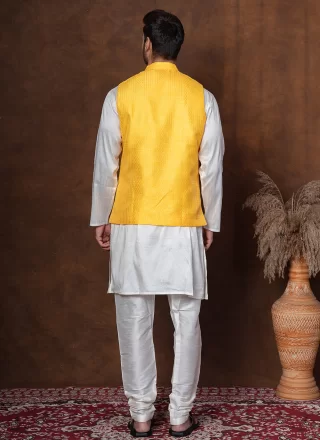 White and Yellow Dupion Silk Plain Work Kurta Payjama with Jacket for Ceremonial