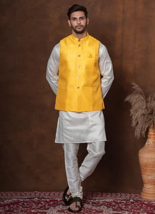 White and Yellow Dupion Silk Plain Work Kurta Payjama with Jacket for Ceremonial