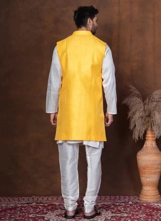 White and Yellow Plain Work Dupion Silk Kurta Payjama with Jacket