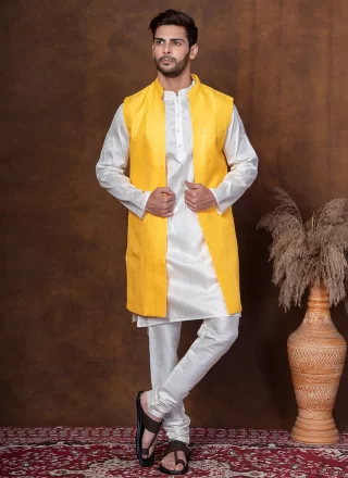 White and Yellow Plain Work Dupion Silk Kurta Payjama with Jacket