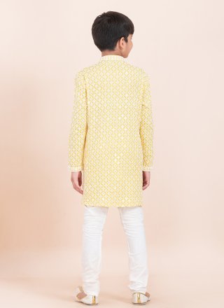White and Yellow Rayon Kurta Pyjama with Embroidered and Sequins Work
