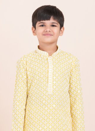 White and Yellow Rayon Kurta Pyjama with Embroidered and Sequins Work