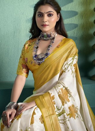 White and Yellow Silk Classic Saree with Fancy and Print Work