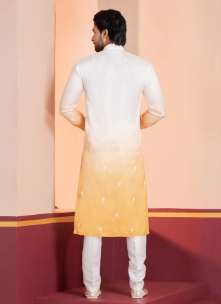 White and Yellow Silk Kurta Pyjama with Embroidered and Sequins Work for Festival