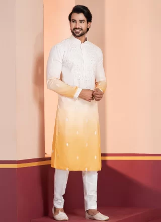 White and Yellow Silk Kurta Pyjama with Embroidered and Sequins Work for Festival