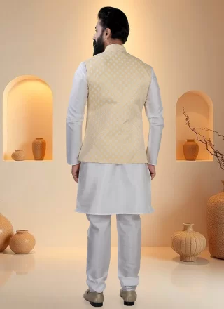 White and Yellow Silk Sequins and Thread Work Kurta Payjama with Jacket