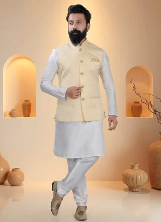 White and Yellow Silk Sequins and Thread Work Kurta Payjama with Jacket