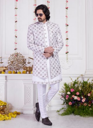 White Art Silk Indo Western with Thread Work for Engagement