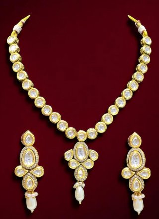 White Beads and Stone Work Necklace Set