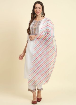 White Blended Cotton Salwar Suit with Embroidered Work