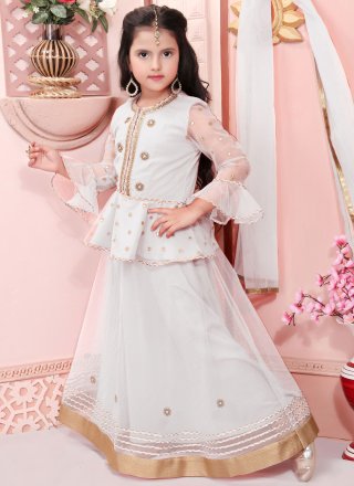 White Booti and Lace Work Net Lehenga Choli