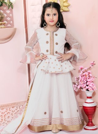 White Booti and Lace Work Net Lehenga Choli
