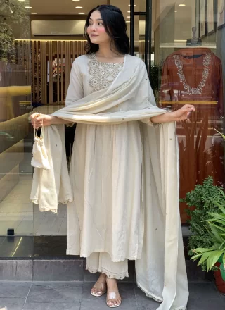 White Chanderi Embroidered and Mirror Work Salwar Suit