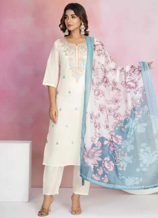 White Chanderi Salwar Suit with Embroidered and Sequins Work