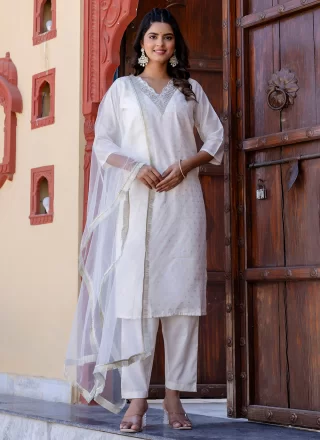 White Chanderi Silk Embroidered Work Salwar Suit for Women