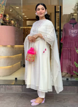 White Chanderi Silk Pant Style Suit with Embroidered Work for Casual