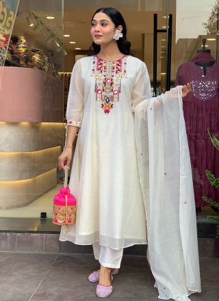 White Chanderi Silk Pant Style Suit with Embroidered Work for Casual