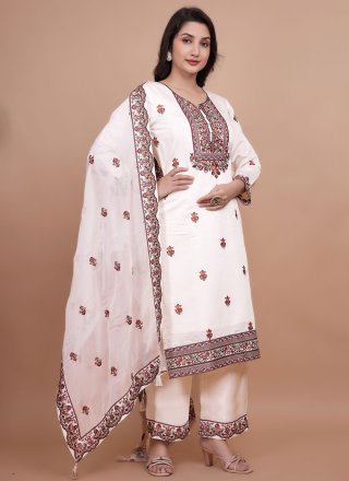 White Chanderi Silk Readymade Salwar Suit