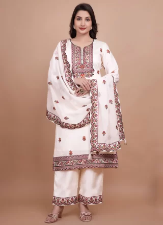 White Chanderi Silk Readymade Salwar Suit
