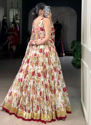 White Chiffon Floral Patch, Foil Print and Lace Work Readymade Lehenga Choli for Ceremonial
