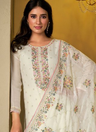 White Chiffon Pant Style Suit with Cut Dana and Embroidered Work for Festival