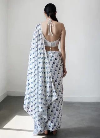 White Chinon Digital Print Work Classic Sari for Casual