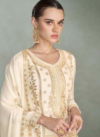 White Chinon Embroidered and Zari Work Salwar Suit for Ceremonial