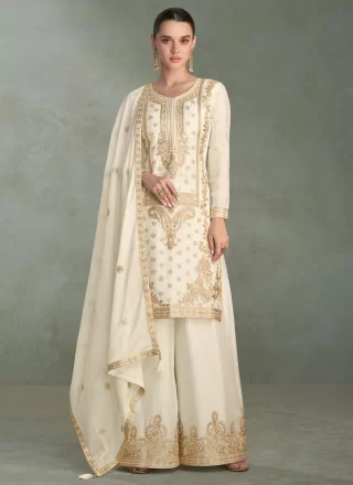 White Chinon Embroidered and Zari Work Salwar Suit for Ceremonial
