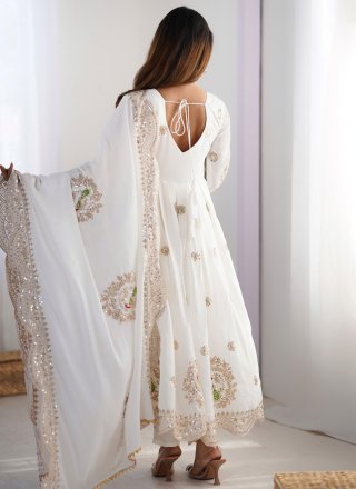 White Chinon Embroidered, Sequins and Zari Work Anarkali Suit