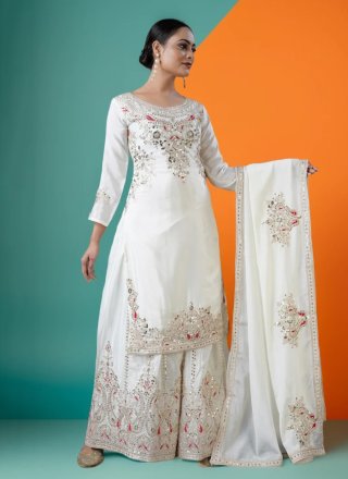 White Chinon Palazzo Salwar Suit