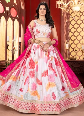 White Chinon Print, Sequins, Thread and Zari Work A - Line Lehenga Choli