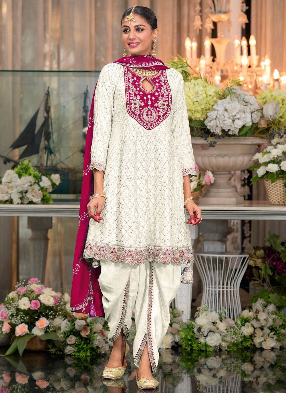 Trending White Churidar Fancy Fabric Aari Work Salwar Kameez and