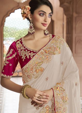 White Cord, Embroidered, Sequins, Stone and Thread Work Georgette Contemporary Saree
