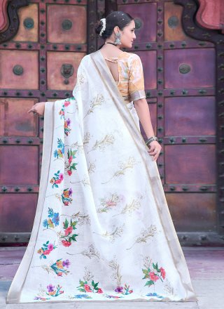 White Cotton Digital Print Work Classic Sari for Casual