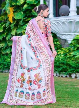 White Cotton Digital Print Work Contemporary Sari for Casual