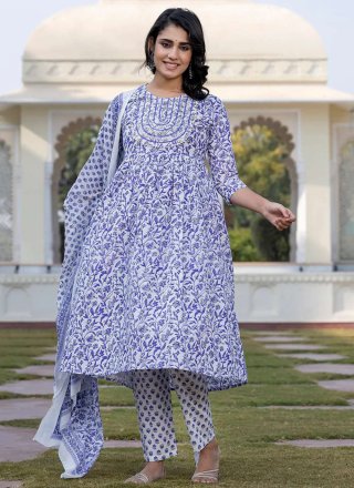 White Cotton Embroidered, Fancy and Print Work Anarkali Suit for Ceremonial