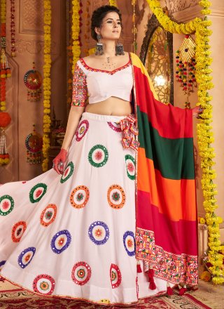 White Cotton Embroidered, Mirror and Thread Work Readymade Lehenga Choli for Ceremonial