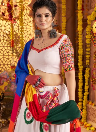 White Cotton Embroidered, Mirror and Thread Work Readymade Lehenga Choli for Ceremonial