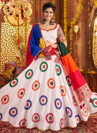 White Cotton Embroidered, Mirror and Thread Work Readymade Lehenga Choli for Ceremonial