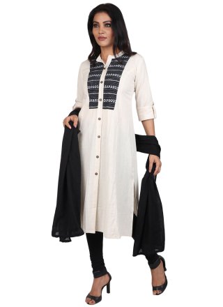 White Cotton Fancy Work Readymade Salwar Suit
