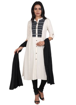 White Cotton Fancy Work Readymade Salwar Suit