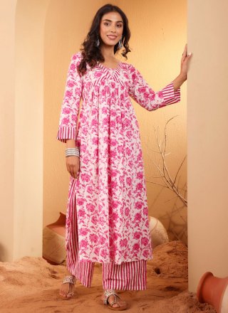 White Cotton Foliage Print Work Salwar Suit for Women
