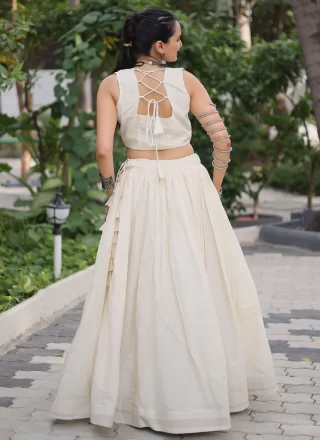White Cotton Gamthi Work Readymade Lehenga Choli for Ceremonial