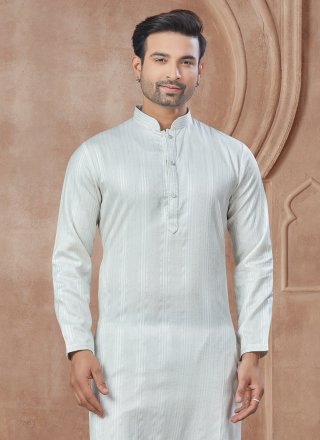 White Cotton Kurta Pyjama with Pintex and Print Work