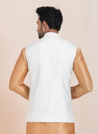 White Cotton Nehru Jackets with Jacquard Work