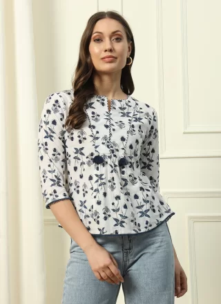 White Cotton Print Work Casual Kurti for Festival