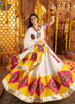 White Cotton Readymade Lehenga Choli with Embroidered, Jacquard, Patch Border and Thread Work